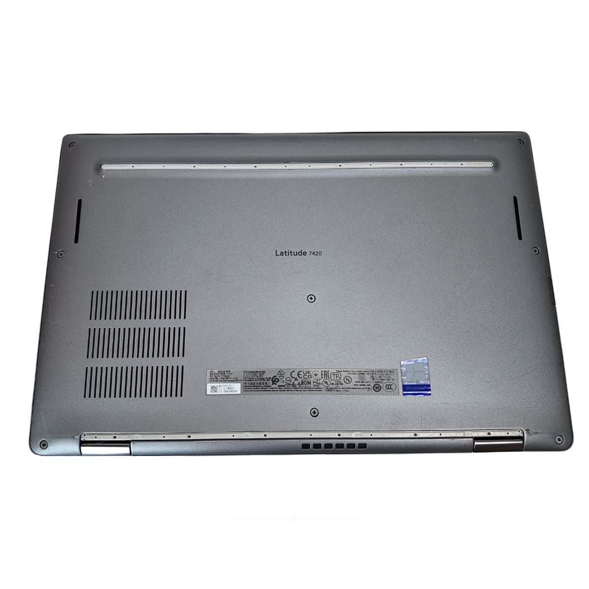 Back view of a laptop with visible branding on a white background