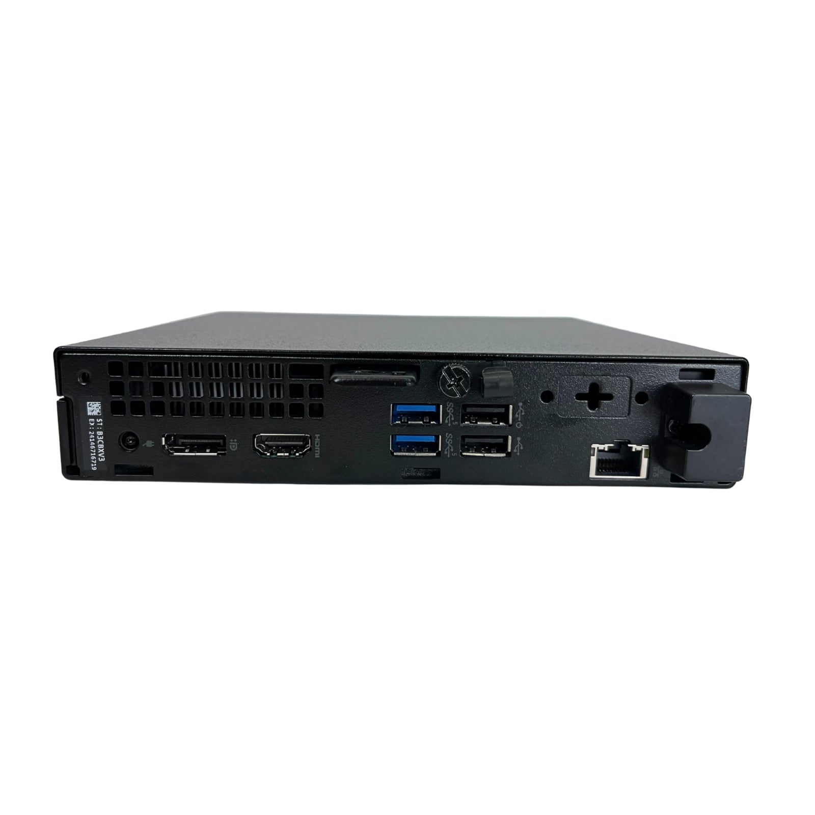 Back view of a black electronic device with various ports on a white background