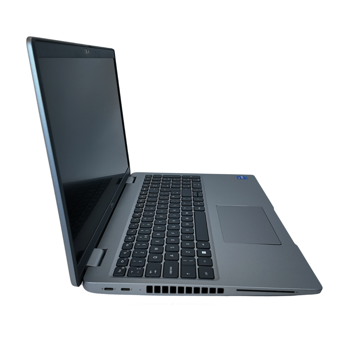 Left side view of a Titan Grey Dell Precision 3580 15.6-inch mobile workstation laptop, showing the open display, thin bezels, and full-sized backlit keyboard with numeric keypad.