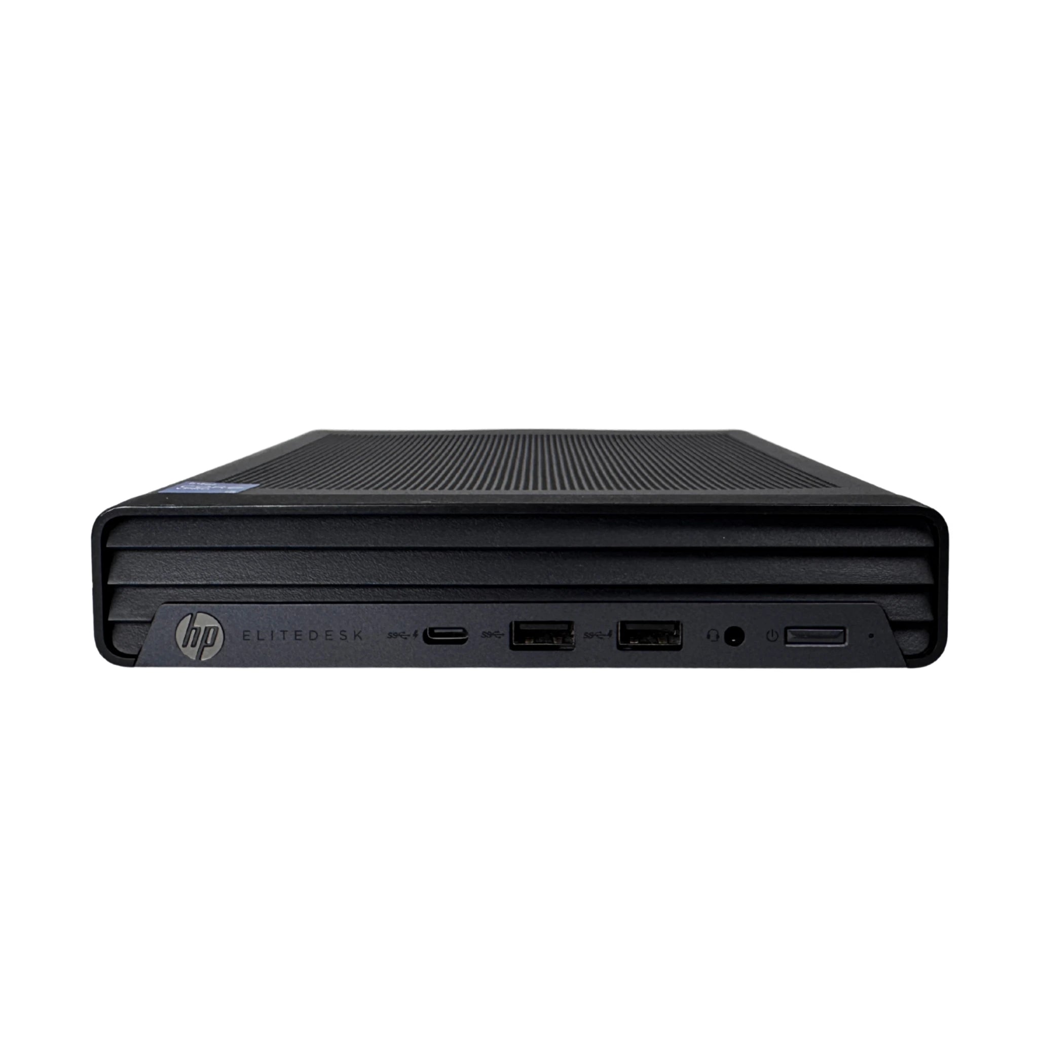 Black HP desktop computer on a white background