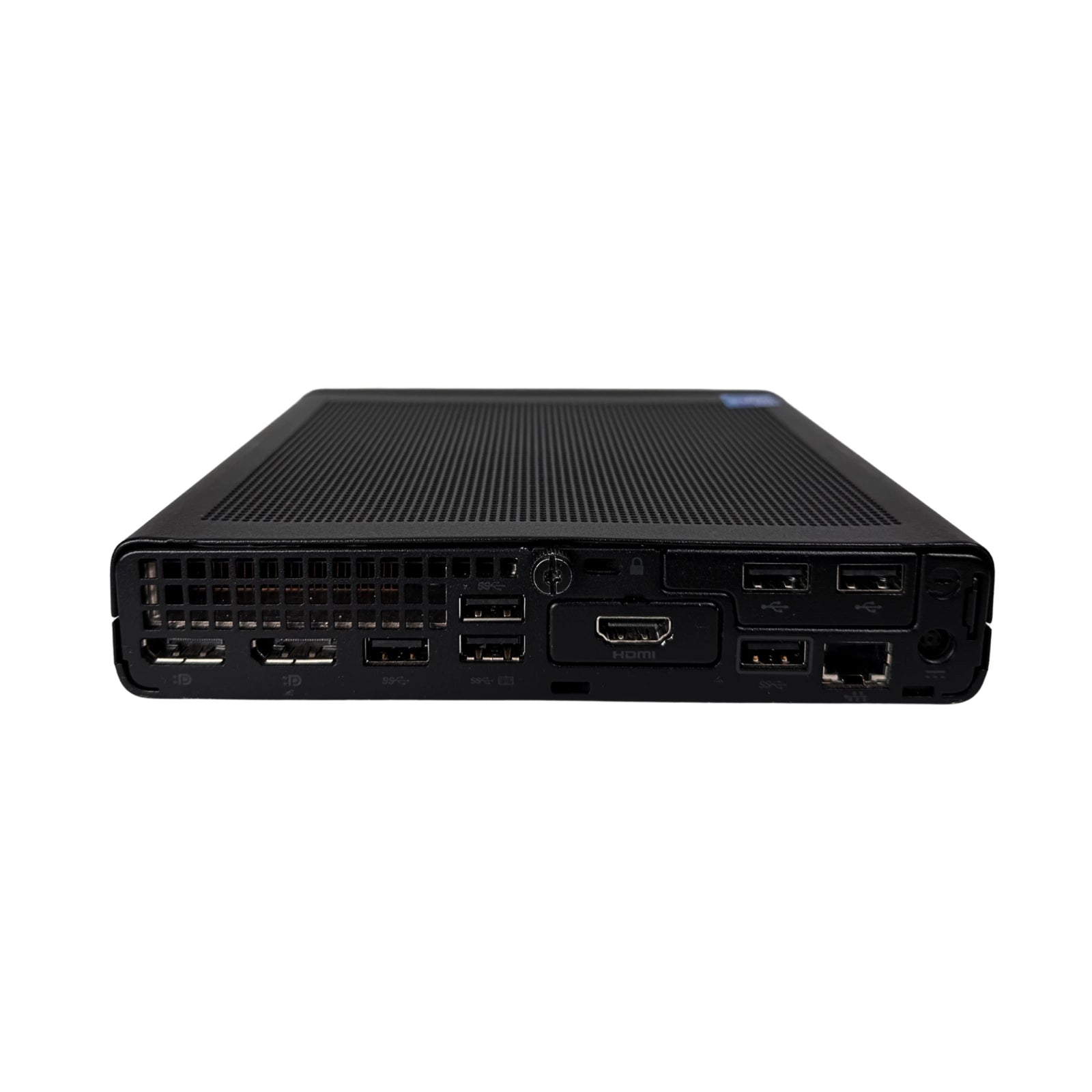 Black electronic device with multiple ports on a white background