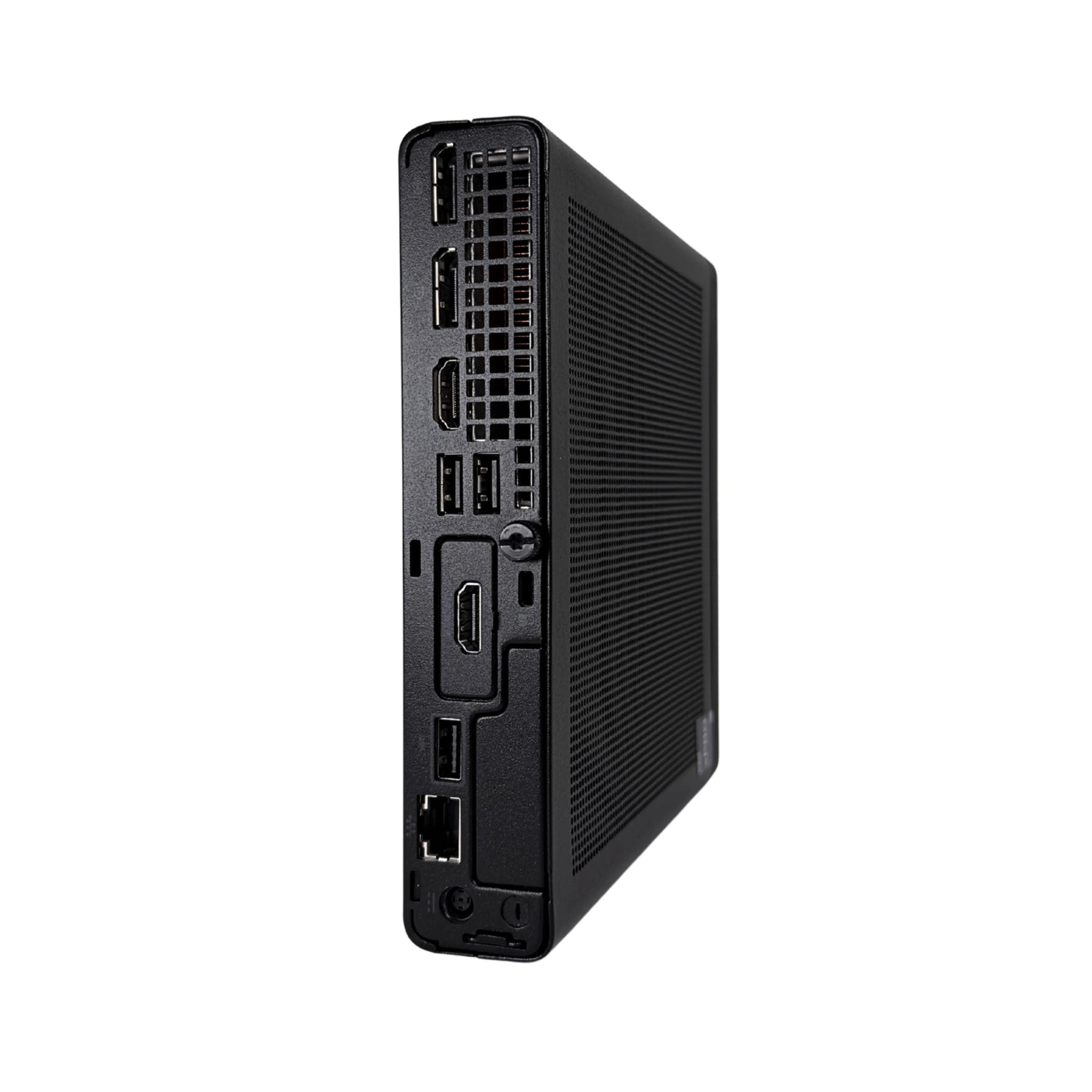 Black electronic device with multiple ports on a white background