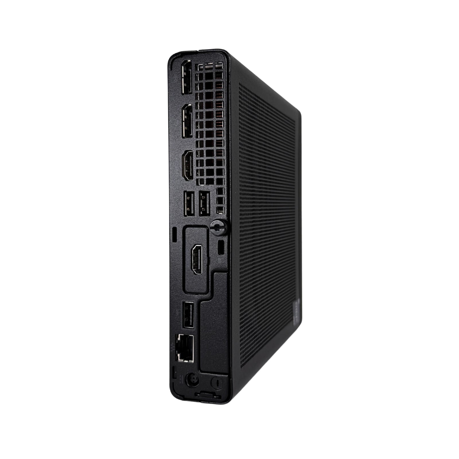 Black electronic device with multiple ports on a white background