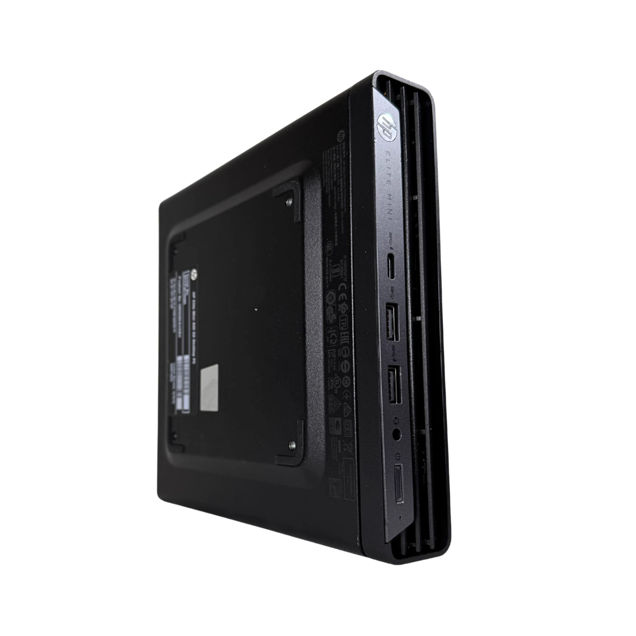 Black computer case with HP logo on a white background