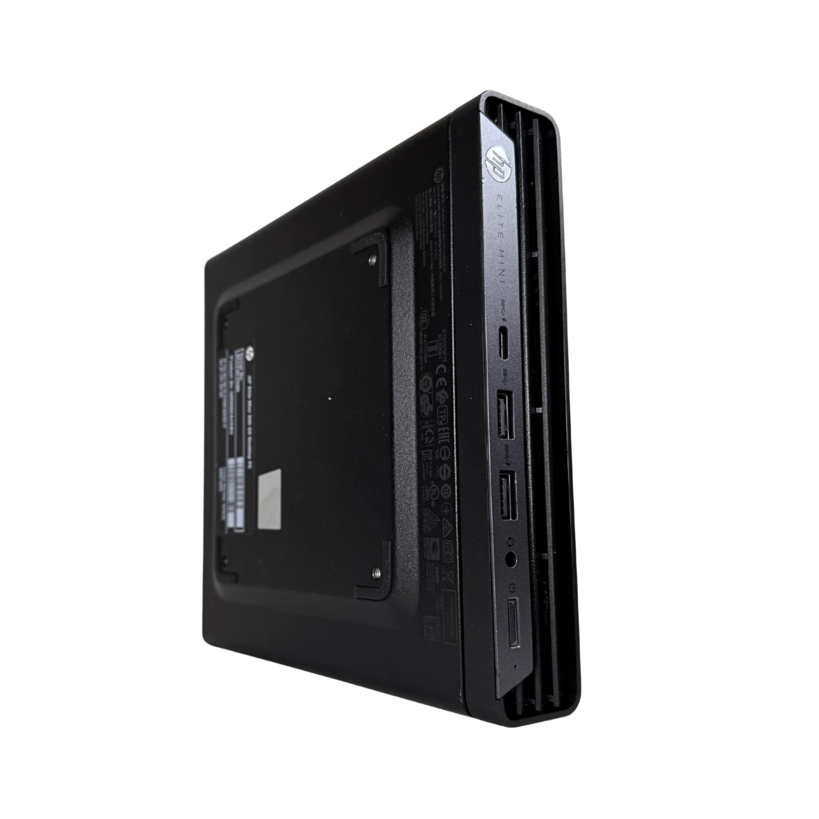Black computer case with HP logo on a white background