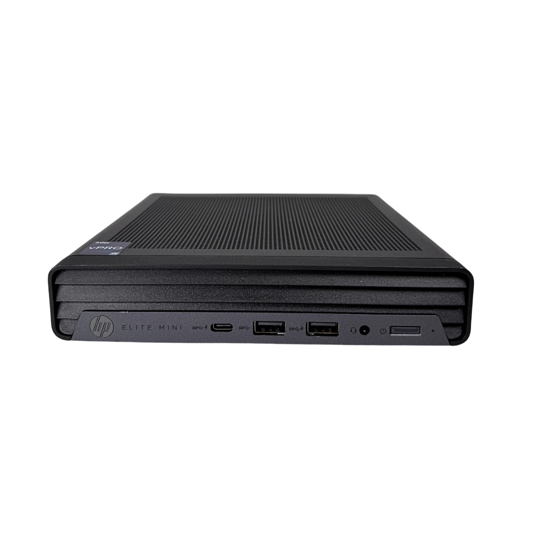 Black HP Elite Mini computer on a white background