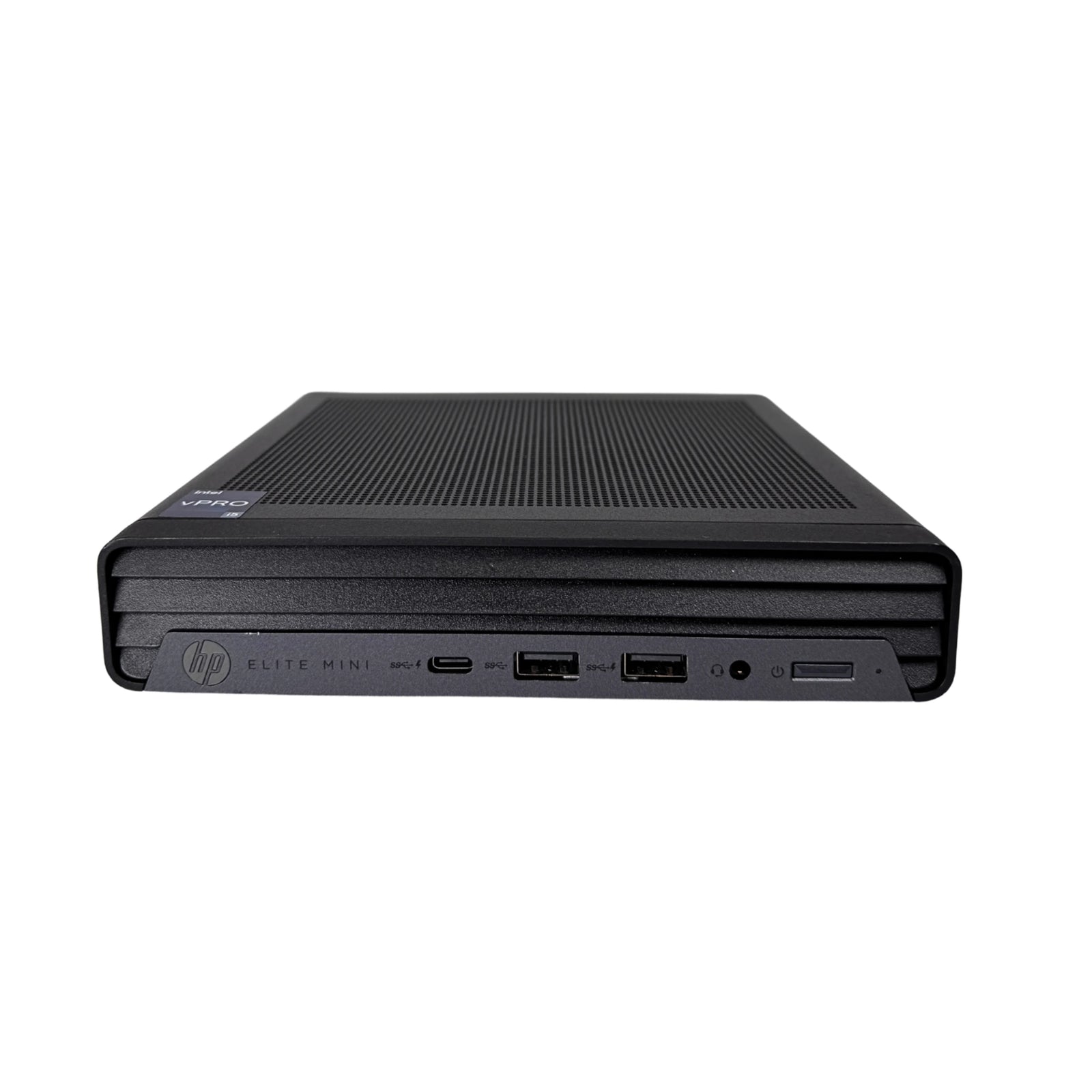Black HP Elite Mini computer on a white background