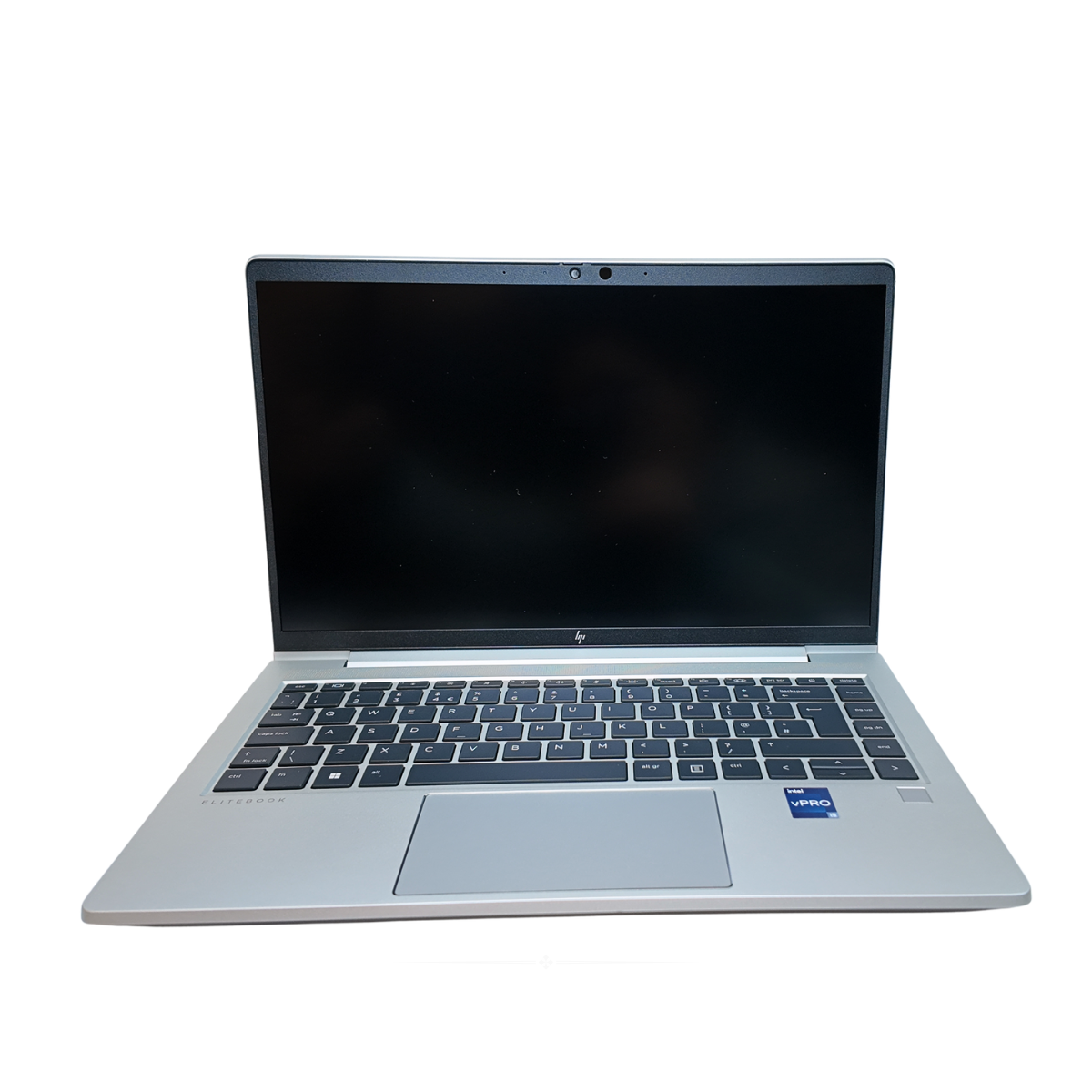 A silver 14-inch HP EliteBook 640 G9 business laptop seen from the front, with the lid open, displaying the screen, keyboard, and trackpad.