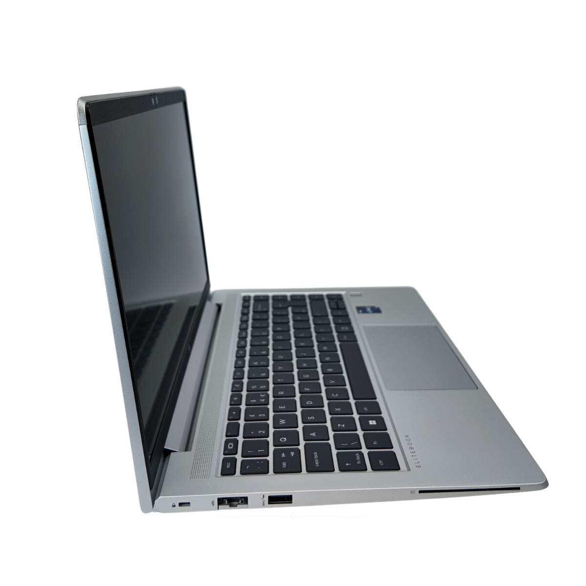  A silver 14-inch HP EliteBook 640 G9 business laptop seen from the left side, with the lid open, displaying the screen, keyboard, and trackpad.