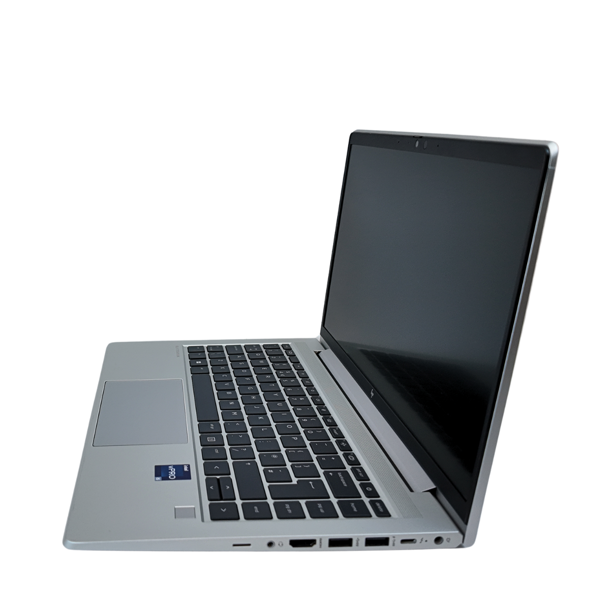 A silver 14-inch HP EliteBook 640 G9 business laptop seen from the right side, with the lid open, displaying the screen, keyboard, and trackpad.