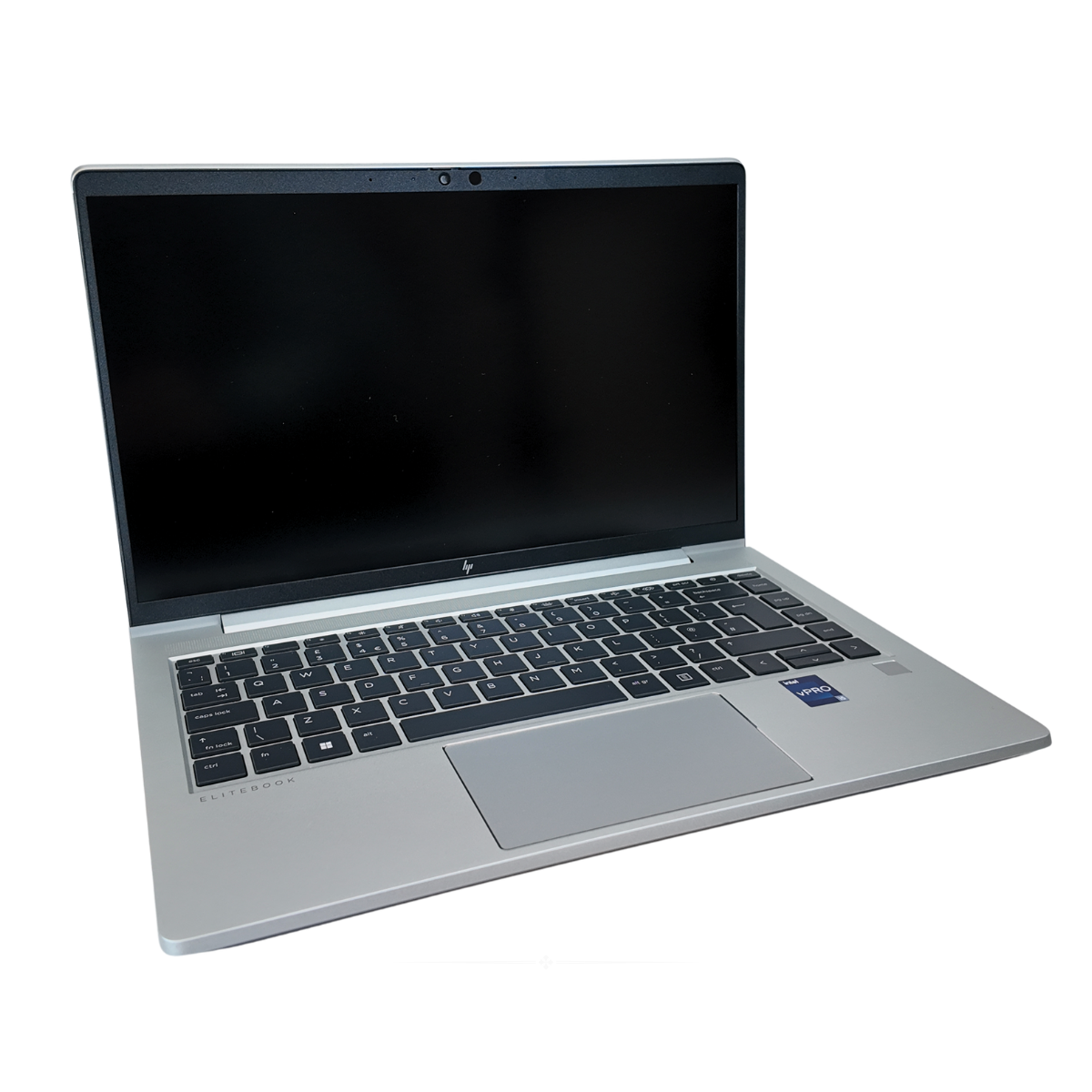  A silver 14-inch HP EliteBook 640 G9 business laptop seen from the front, with the lid open, displaying the screen, keyboard, and trackpad.