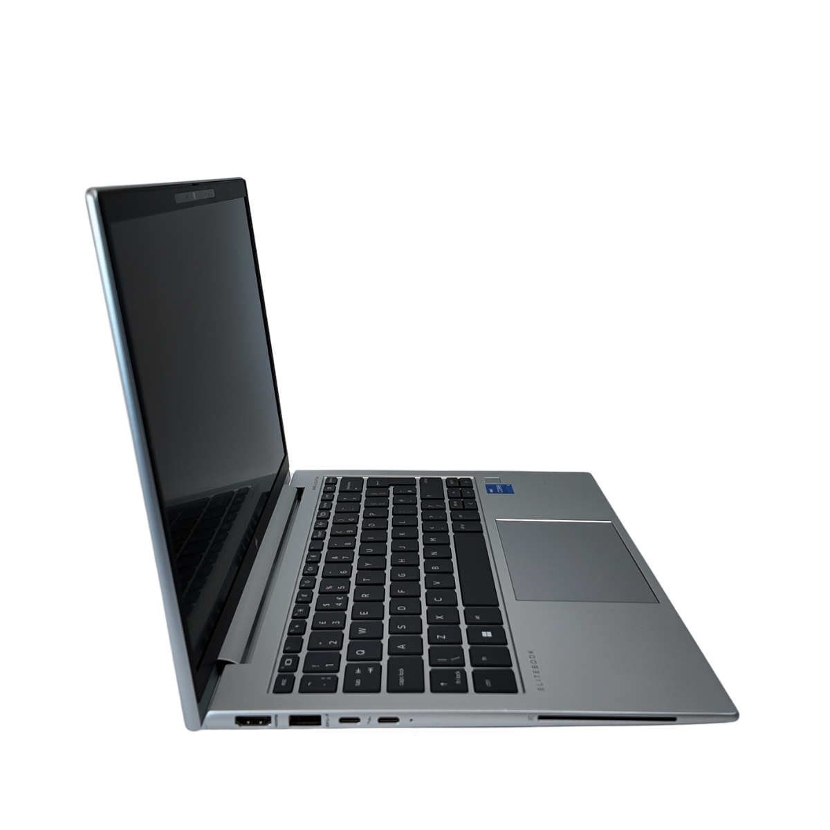 Left view of the ports of an open silver HP EliteBook 830 G10 laptop featuring a 13.3-inch display with slim bezels, a 5MP webcam, and a premium backlit keyboard.