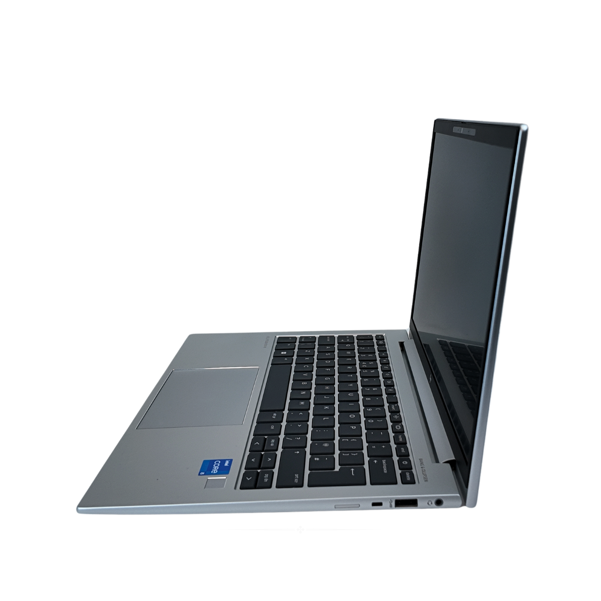 Right view of the ports of an open silver HP EliteBook 830 G10 laptop featuring a 13.3-inch display with slim bezels, a 5MP webcam, and a premium backlit keyboard.