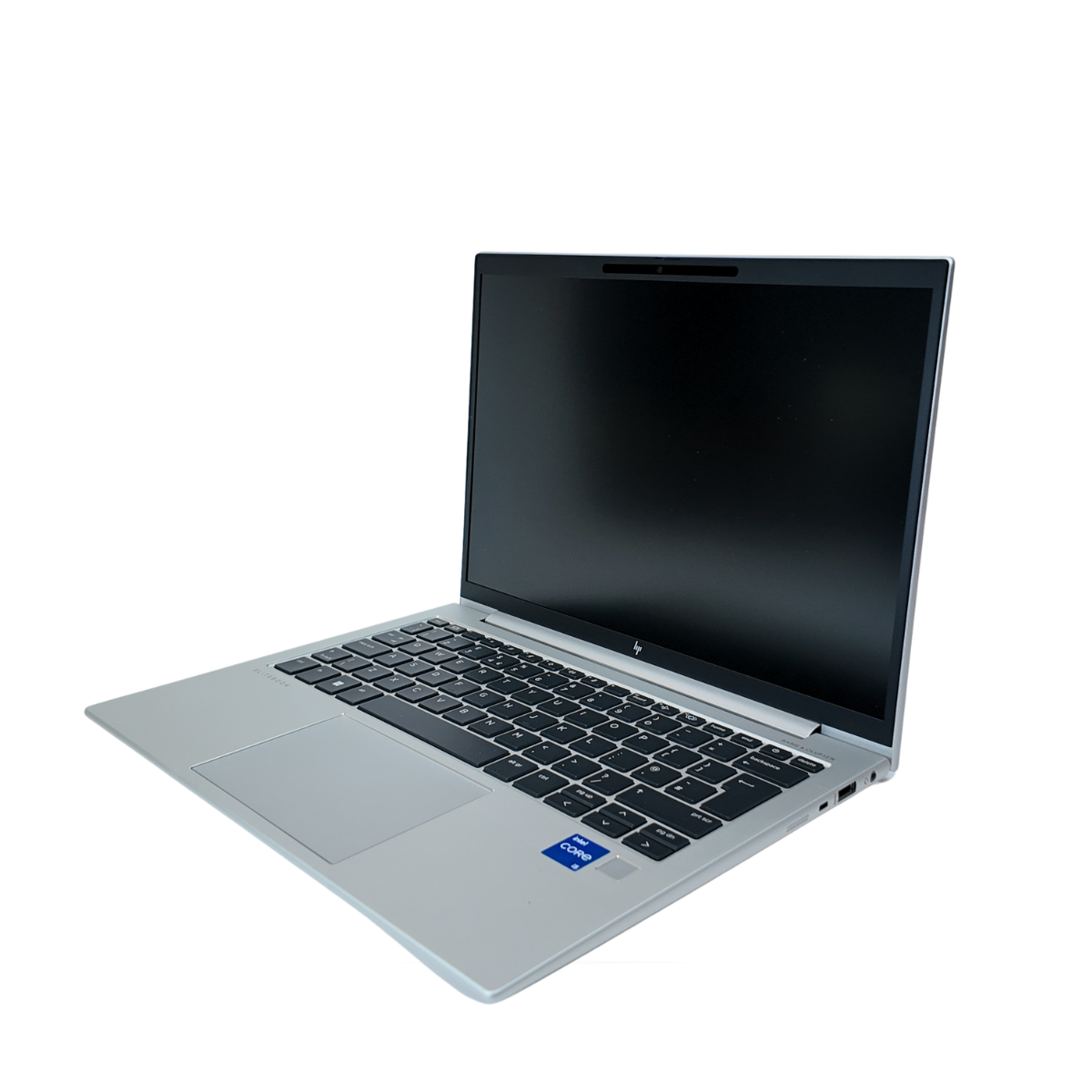 Left view of an open silver HP EliteBook 830 G10 laptop featuring a 13.3-inch display with slim bezels, a 5MP webcam, and a premium backlit keyboard.