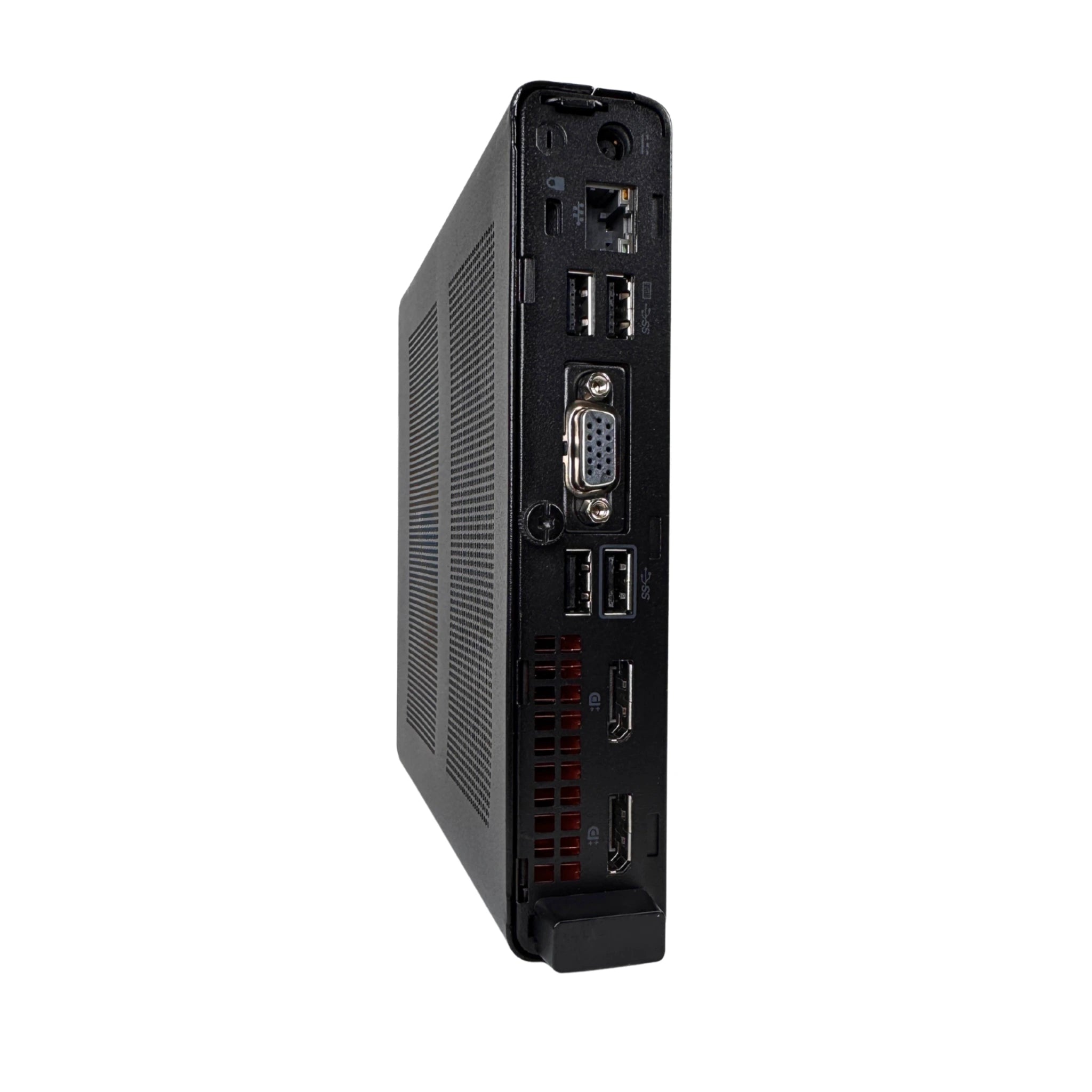 Side view of a black electronic device with ports on a white background