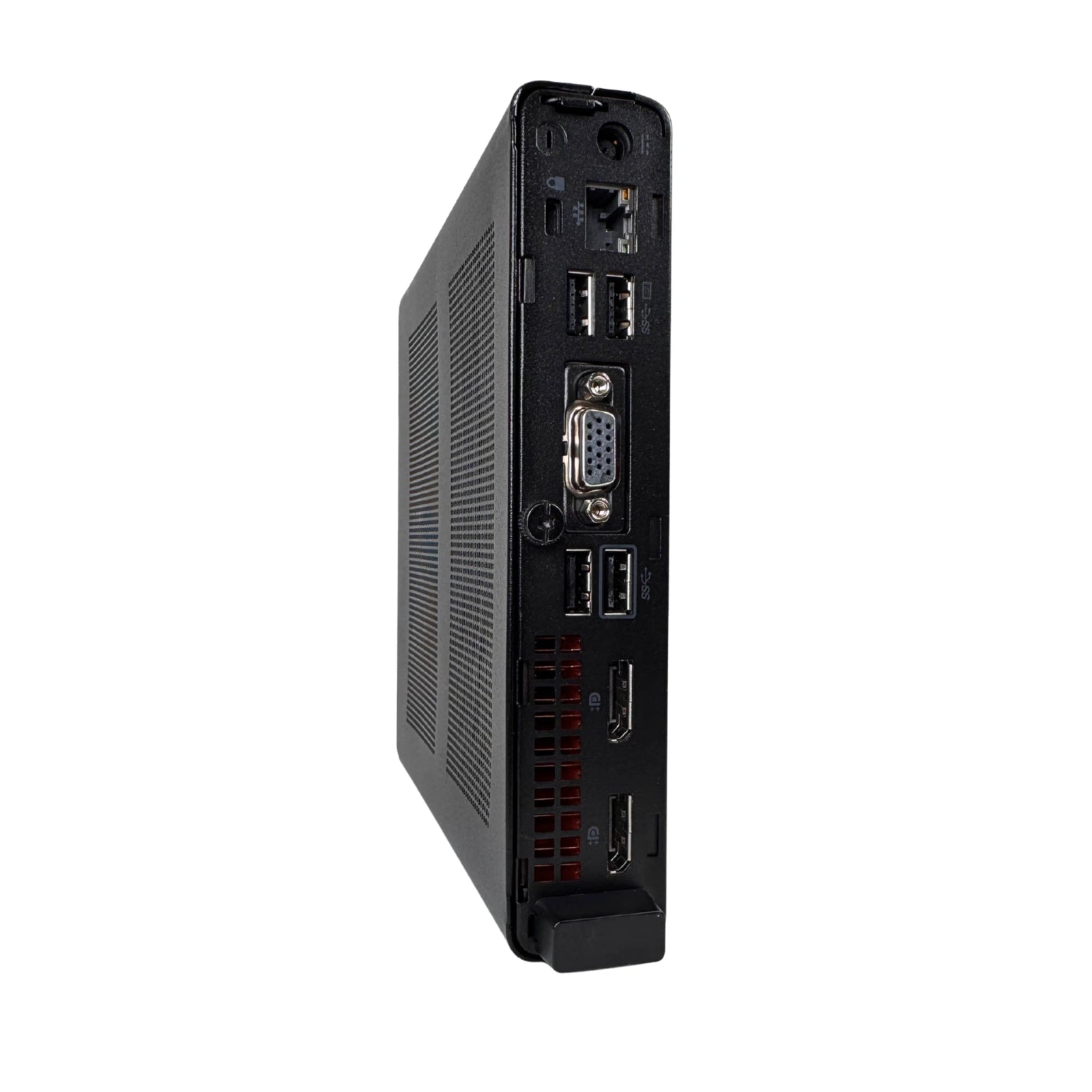 Side view of a black electronic device with ports on a white background