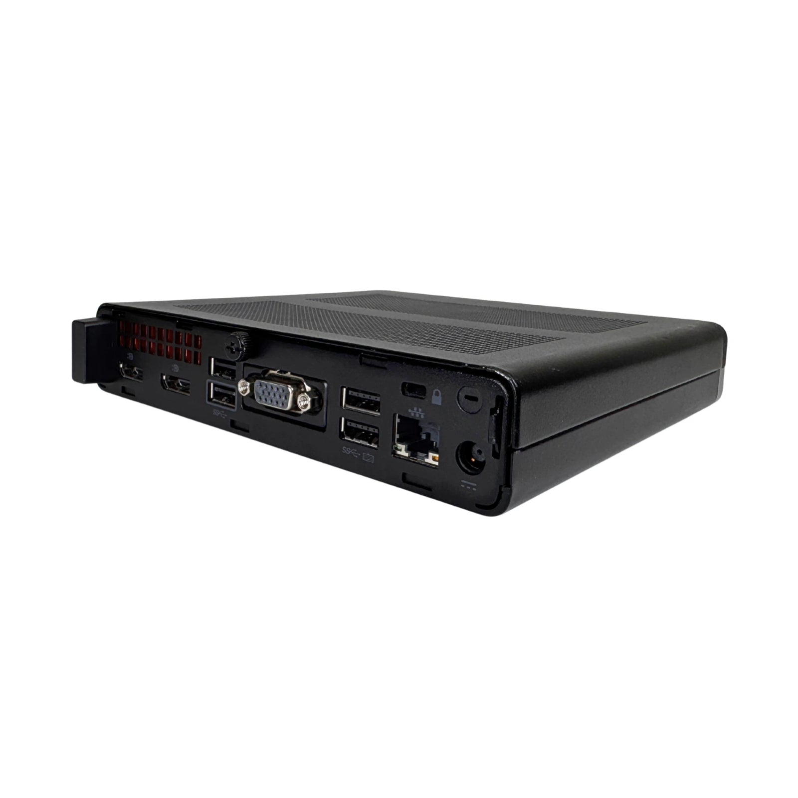 Black electronic device with multiple ports on a white background