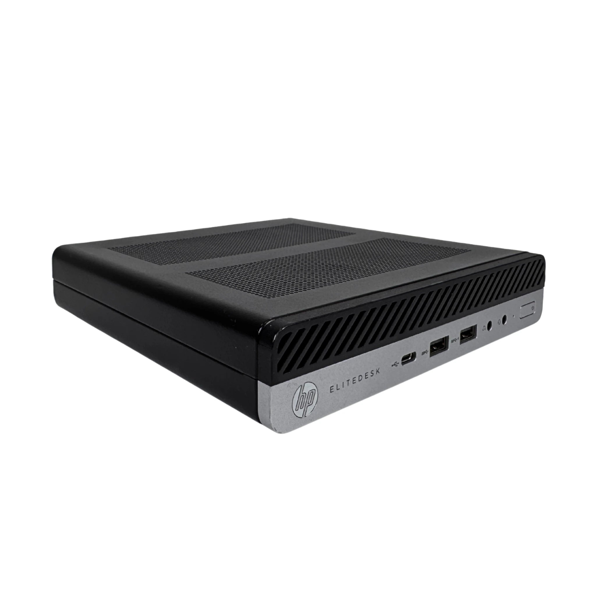 Black HP EliteDesk computer tower on a white background