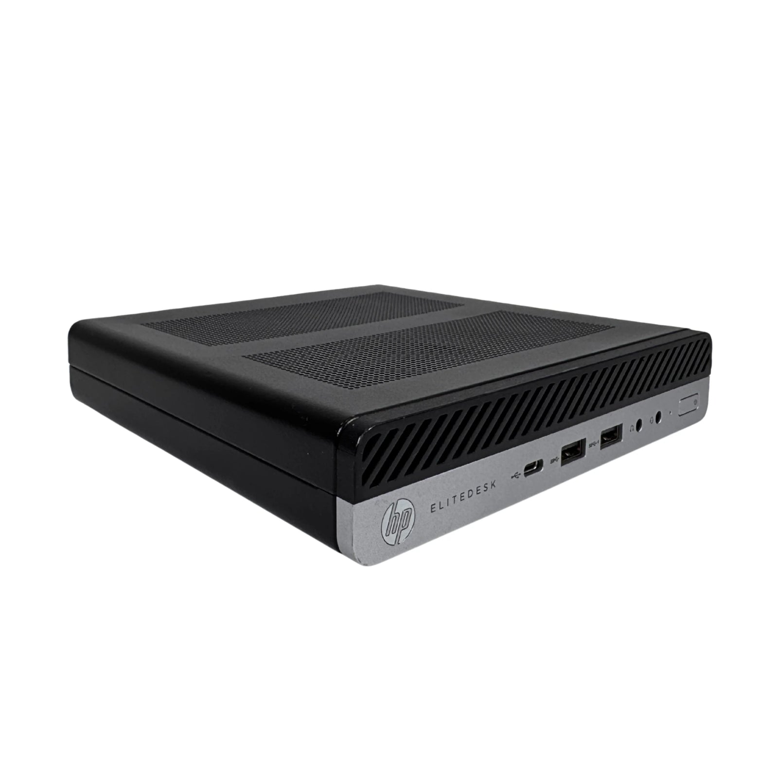 Black HP EliteDesk computer tower on a white background