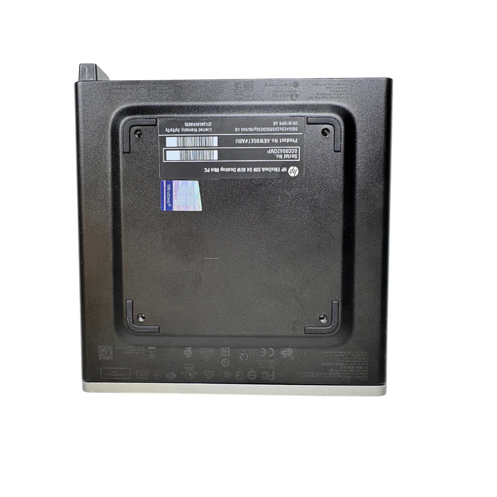 Back view of a black electronic device with HP branding on a white background