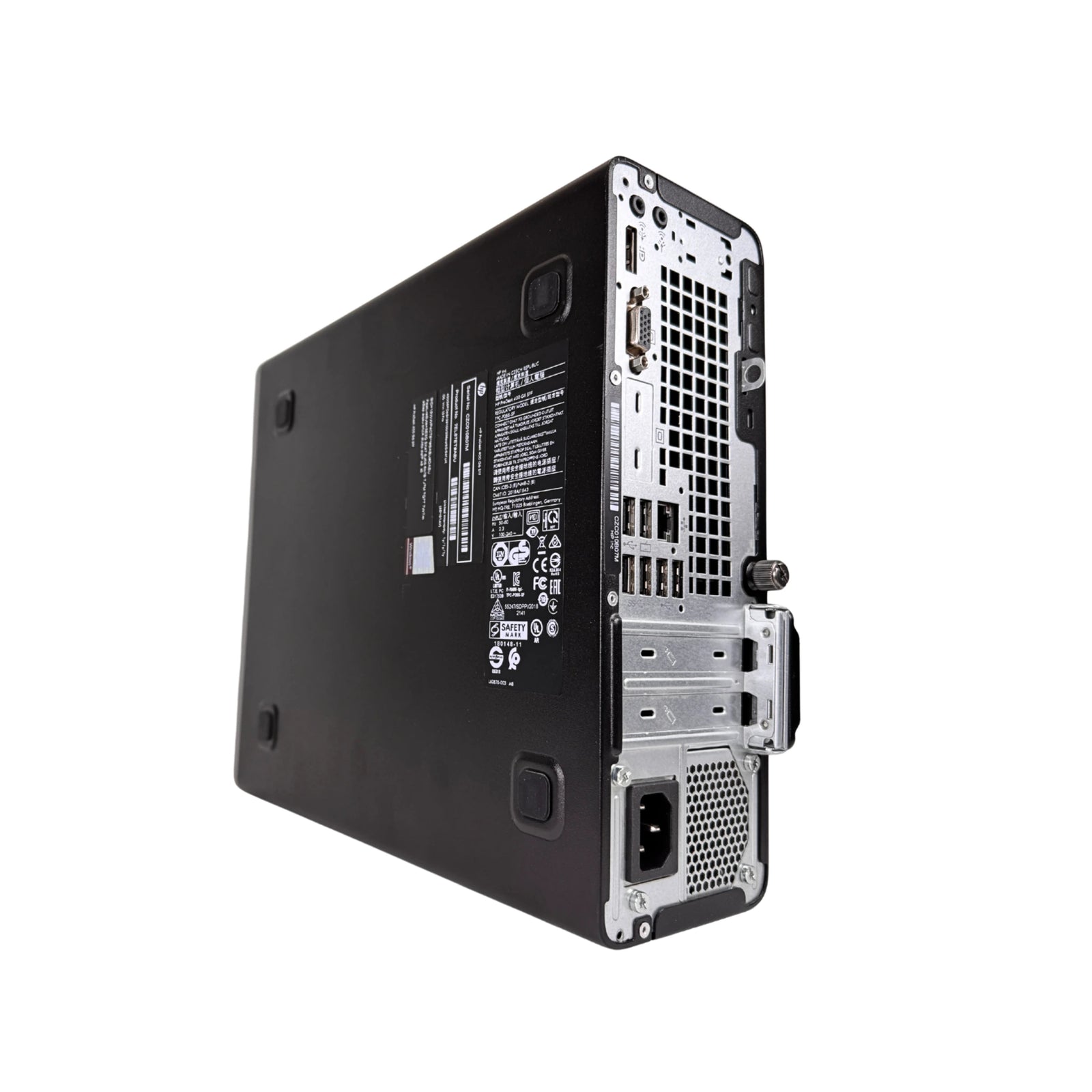 Back view of a black electronic device with branding on a white background