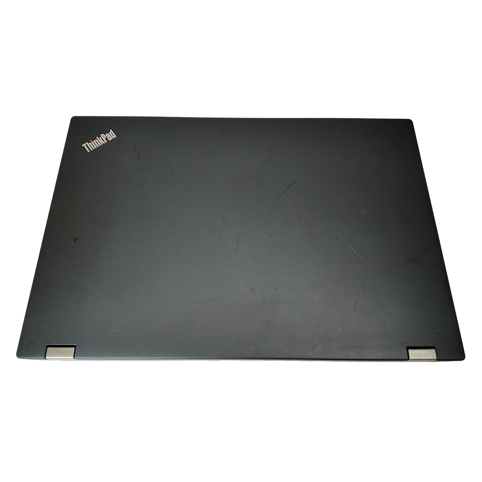 Black ThinkPad laptop cover with visible wear on a white background