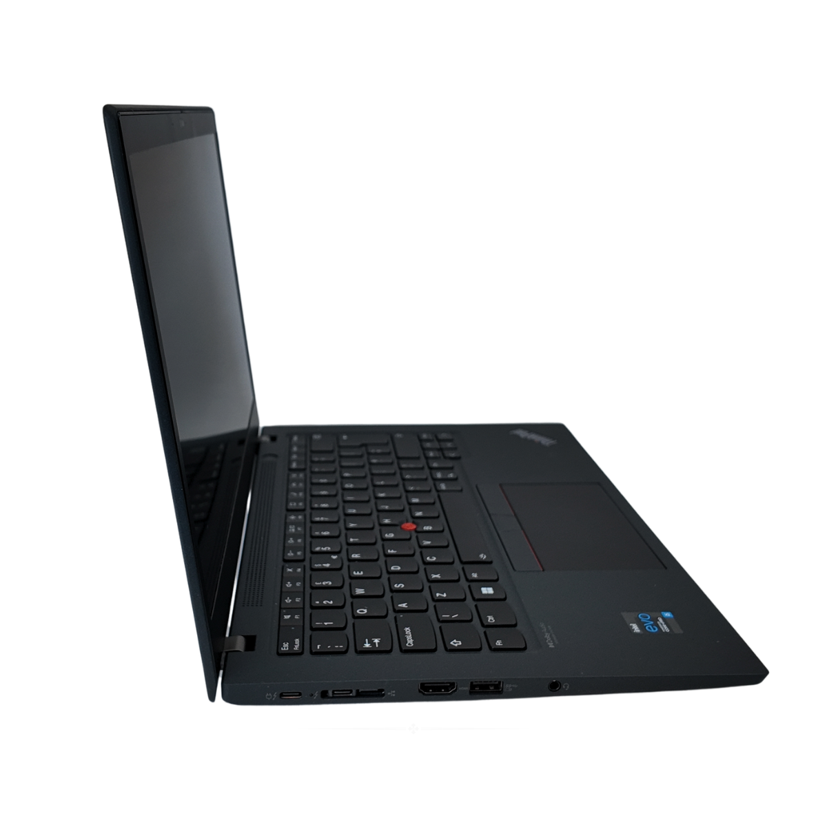 Left view of a black Lenovo ThinkPad T14s Gen 2 laptop, open to show the 14-inch screen, backlit keyboard with a red TrackPoint, and slim chassis.