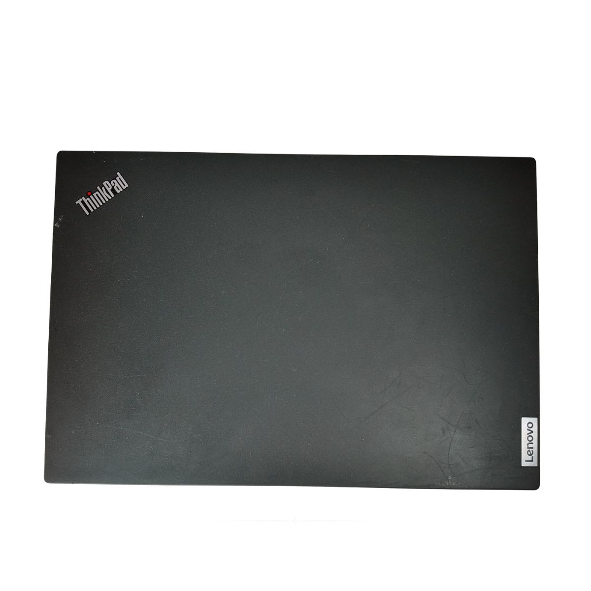 Lid of a black Lenovo ThinkPad T14s Gen 2 laptop, open to show the 14-inch screen, backlit keyboard with a red TrackPoint, and slim chassis.