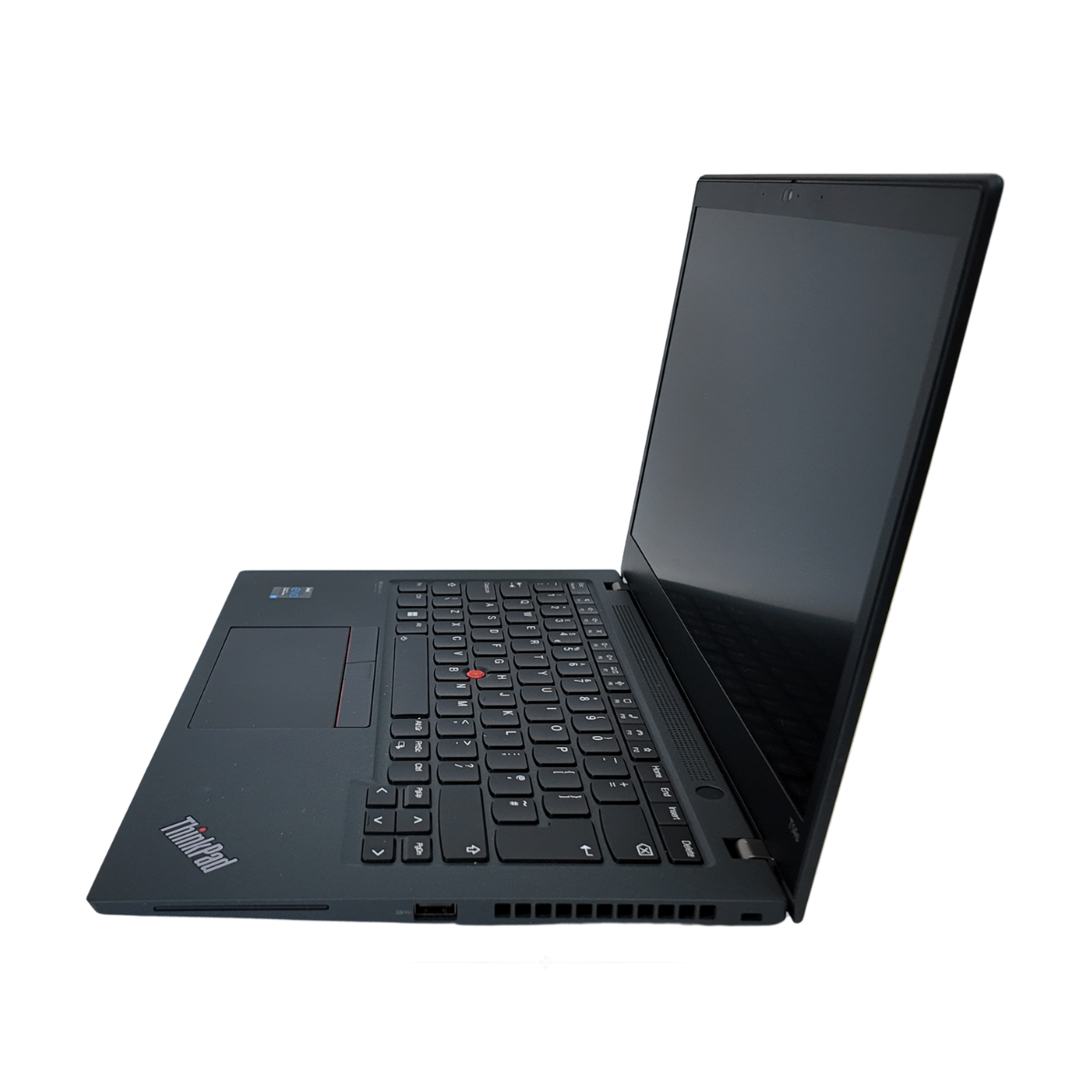 Right view of a black Lenovo ThinkPad T14s Gen 2 laptop, open to show the 14-inch screen, backlit keyboard with a red TrackPoint, and slim chassis.