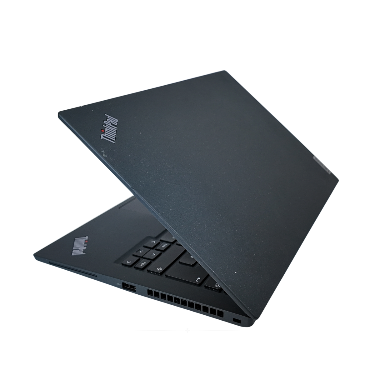 Side view of a black Lenovo ThinkPad T14s Gen 2 laptop, open to show the 14-inch screen, backlit keyboard with a red TrackPoint, and slim chassis.