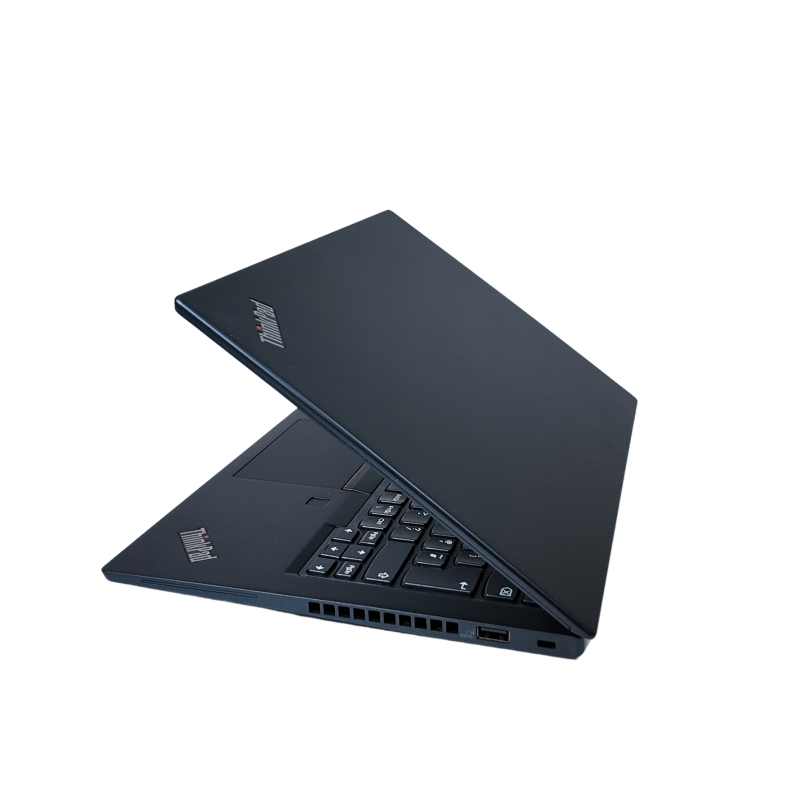 Black ThinkPad laptop on a white background