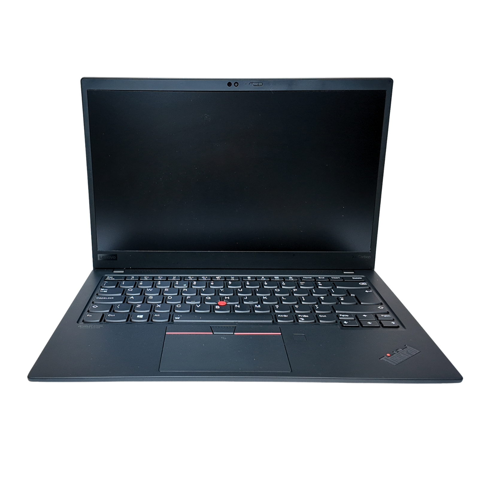 Black laptop with ThinkPad logo on a white background
